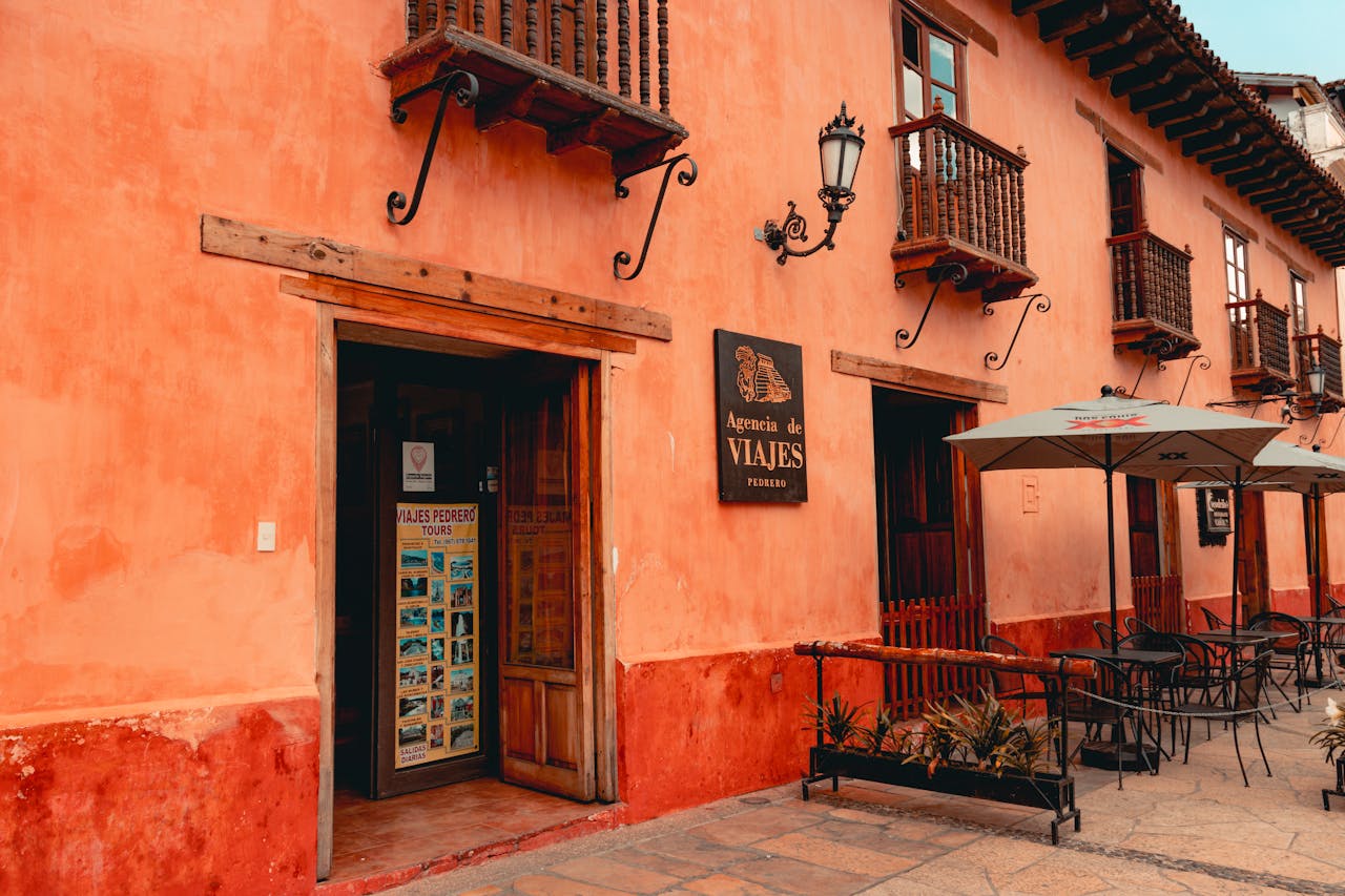 Colonial architecture with wooden balconies in San Cristóbal de las Casas, Mexico.